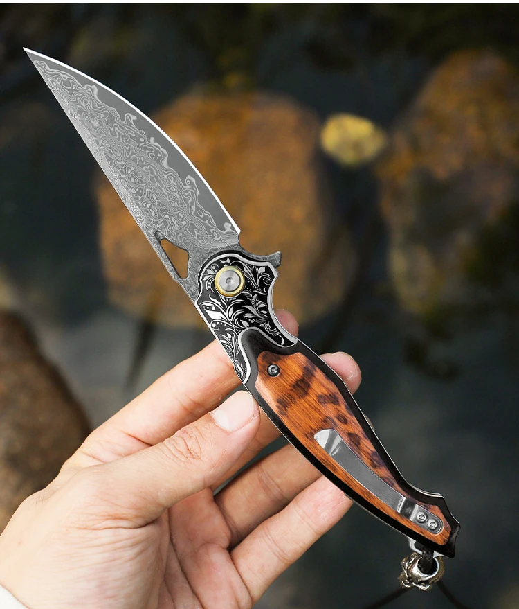 Damascus Steel Blade Folding Knife with Snakewood Handle