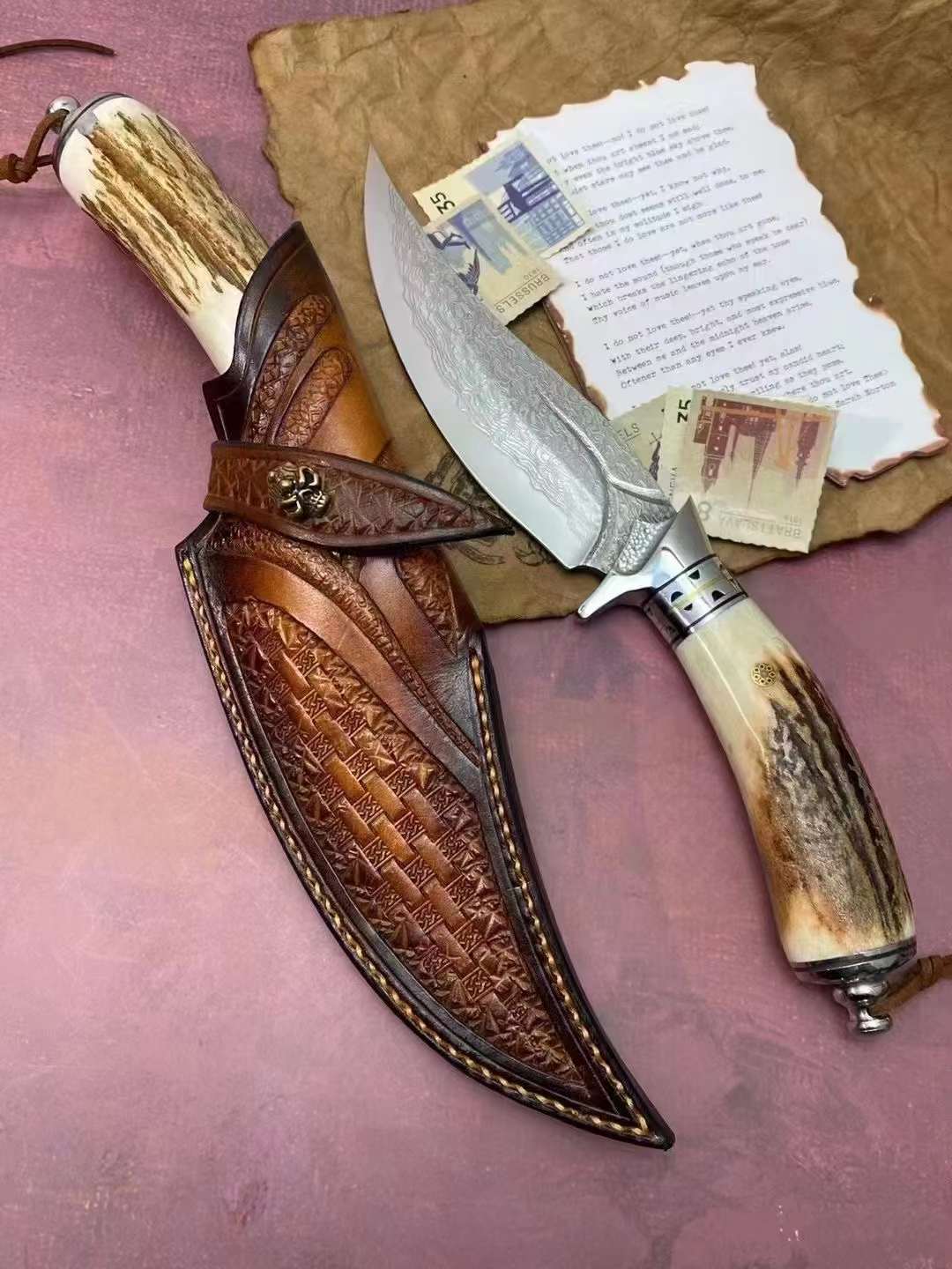 Lucky Deer Damascus Steel Antler Handle Fixed Blade Knife