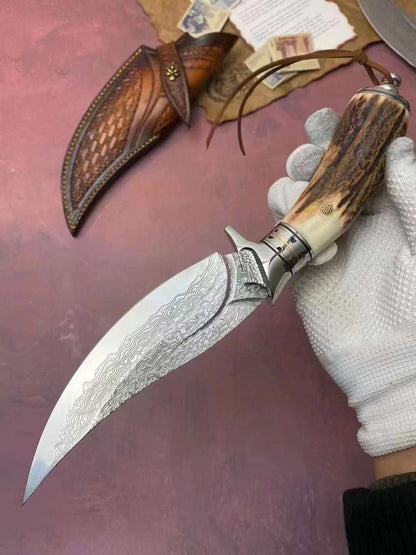 Lucky Deer Damascus Steel Antler Handle Fixed Blade Knife