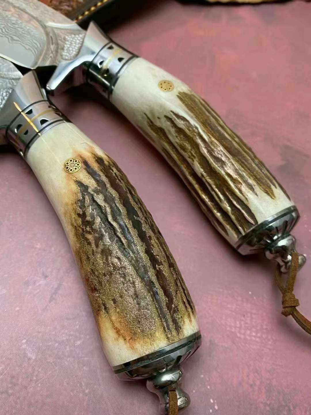 Lucky Deer Damascus Steel Antler Handle Fixed Blade Knife