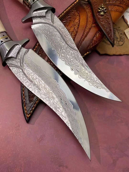 Lucky Deer Damascus Steel Antler Handle Fixed Blade Knife