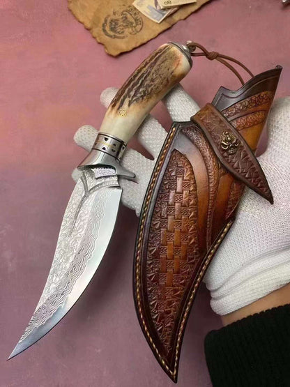 Lucky Deer Damascus Steel Antler Handle Fixed Blade Knife