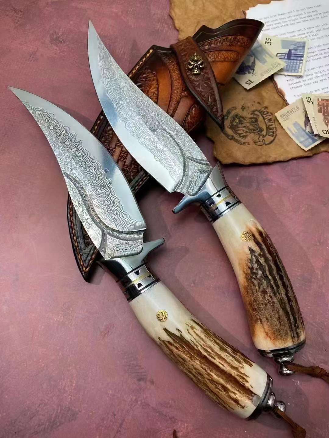Lucky Deer Damascus Steel Antler Handle Fixed Blade Knife