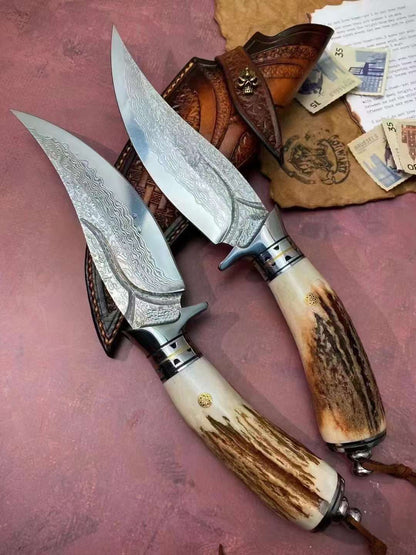 Lucky Deer Damascus Steel Antler Handle Fixed Blade Knife