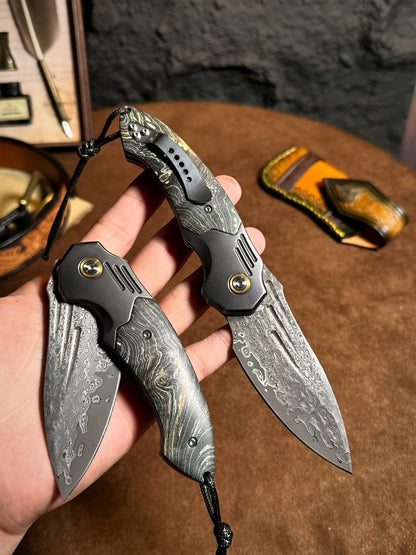 Cured Wood Handle Damascus Blade Outdoor Folding Knife