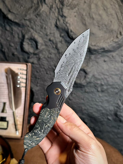 Cured Wood Handle Damascus Blade Outdoor Folding Knife