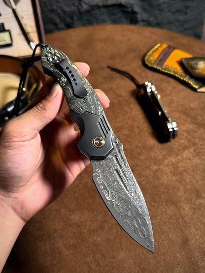 Cured Wood Handle Damascus Blade Outdoor Folding Knife