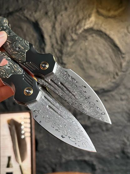 Cured Wood Handle Damascus Blade Outdoor Folding Knife
