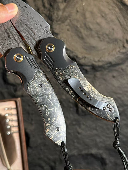 Cured Wood Handle Damascus Blade Outdoor Folding Knife