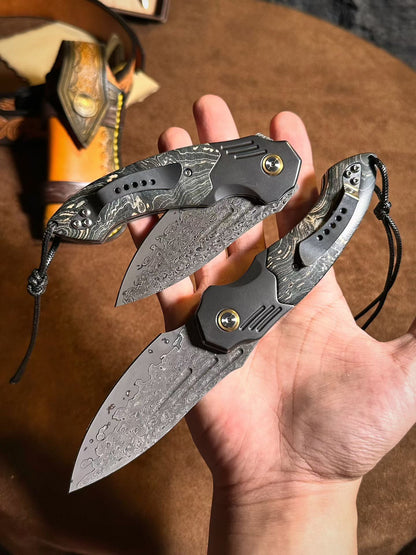 Cured Wood Handle Damascus Blade Outdoor Folding Knife