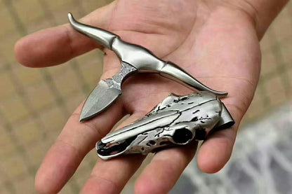Bull Skull D2 / Damascus Blade Pendant Push Knife