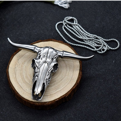 Bull Skull D2 / Damascus Blade Pendant Push Knife