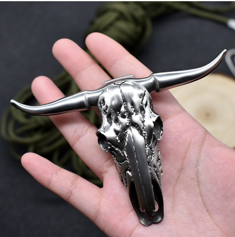 Bull Skull D2 / Damascus Blade Pendant Push Knife