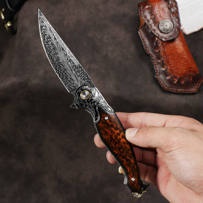 Feather Damascus Steel Blade Folding Knife with Snakewood Handle
