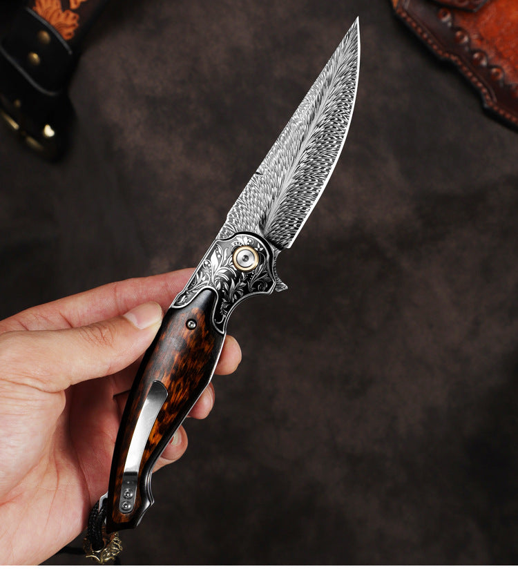 Feather Damascus Steel Blade Folding Knife with Snakewood Handle