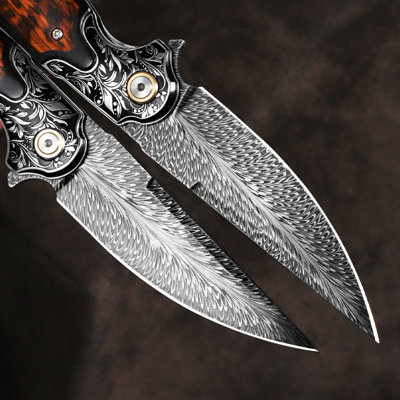 Feather Damascus Steel Blade Folding Knife with Snakewood Handle