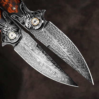 Feather Damascus Steel Blade Folding Knife with Snakewood Handle