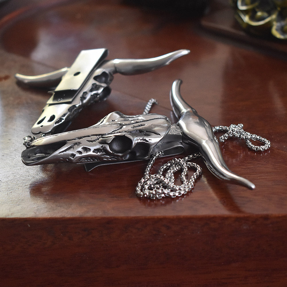 Bull Skull D2 / Damascus Blade Pendant Push Knife