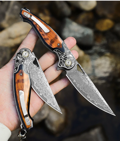 Damascus Steel Blade Folding Knife with Snakewood Handle