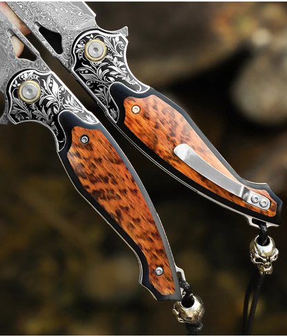Damascus Steel Blade Folding Knife with Snakewood Handle
