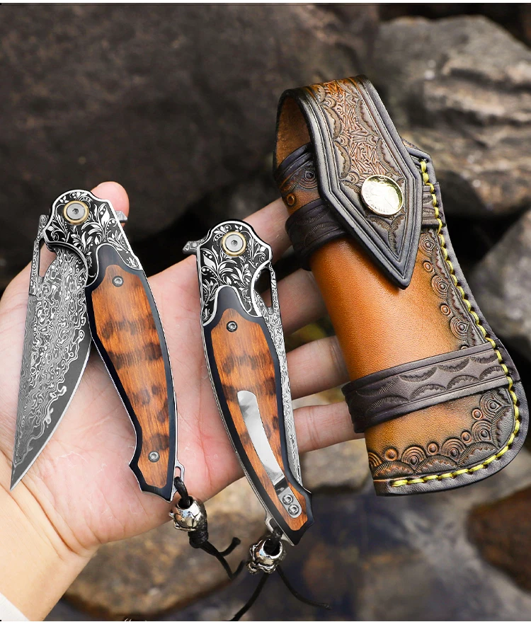 Damascus Steel Blade Folding Knife with Snakewood Handle