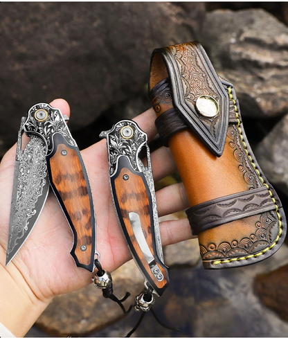 Damascus Steel Blade Folding Knife with Snakewood Handle