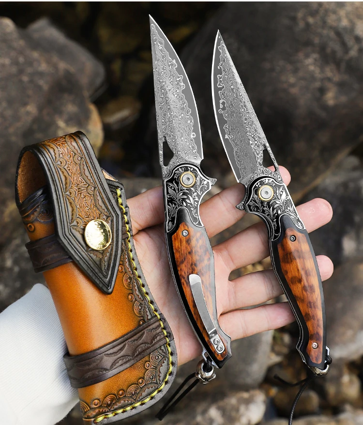 Damascus Steel Blade Folding Knife with Snakewood Handle