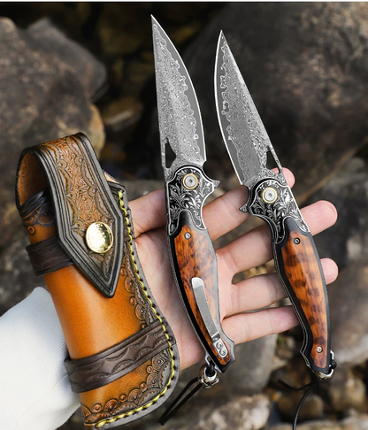 Damascus Steel Blade Folding Knife with Snakewood Handle