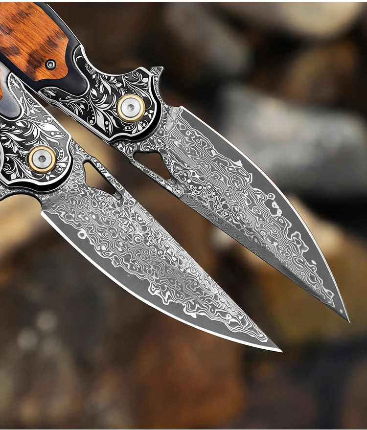 Damascus Steel Blade Folding Knife with Snakewood Handle