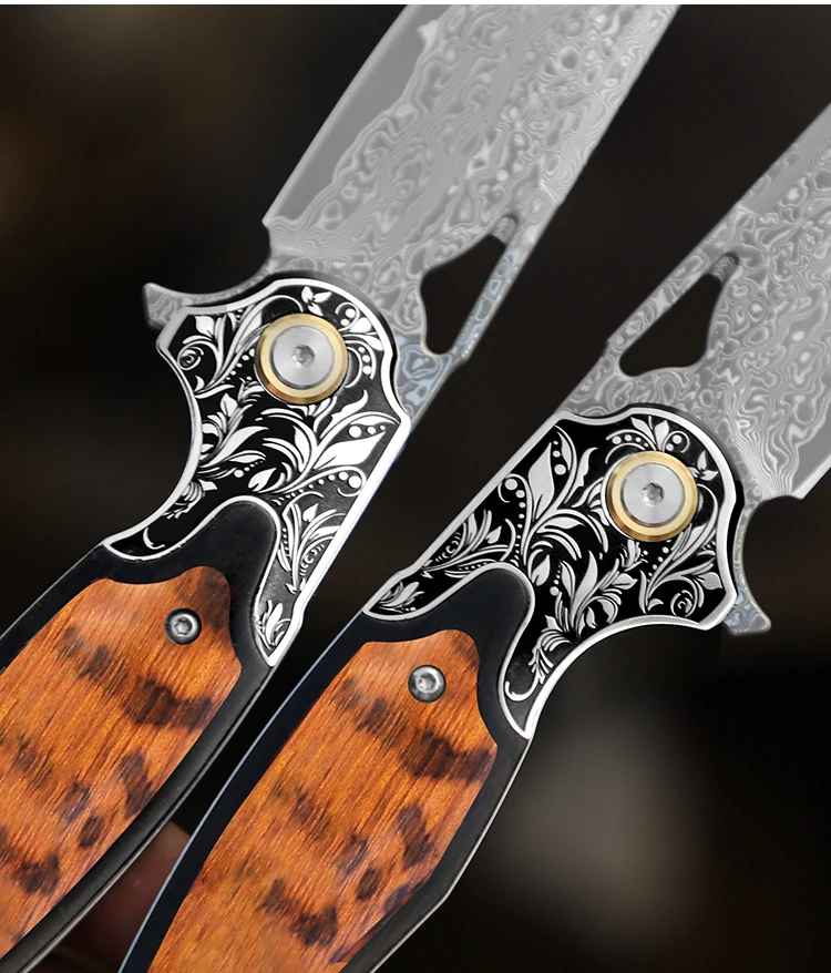 Damascus Steel Blade Folding Knife with Snakewood Handle
