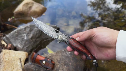 Damascus Steel Blade Folding Knife with Snakewood Handle